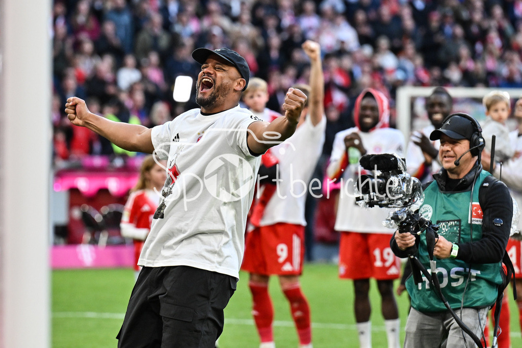 FC Bayern München - VfB Stuttgart | MUNICH, GERMANY - 19. APRIL: the Team form Bayern Munich celebrating - Deutsche Meisterschaft / Deutscher Fussballmeinster / Deutscher Meister after the Bundesliga Match between FC Bayern Munich vs. VfB Stuttgart at Matchday 30 at Allianz Arena / DFL REGULATIONS PROHIBIT ANY USE OF PHOTOGRAPHS AS IMAGE SEQUENCES AND/OR QUASI-VIDEO / Vincent KOMPANY Trainer FC Bayern München