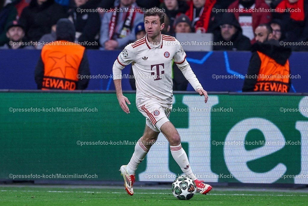 UCL11032502500 | 11.03.2025, Fußball, UEFA Champions League, Bayer 04 Leverkusen - FC Bayern München, Achtelfinale Rückspiel, BayArena, Saison 2024 2025: Thomas Müller (FC Bayern #25)DFB regulations prohibit any use of photographs as image sequences and or quasi-video.
