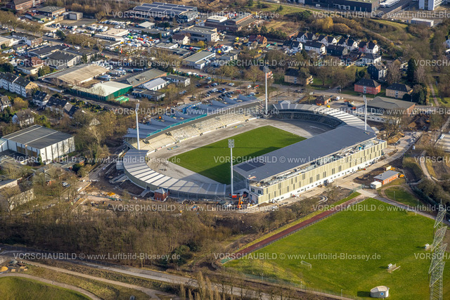 Bochum250203000WattenscheidLoheideStadion | Luftbild, Lohrheidestadion Wattenscheid, Fußballstadion mit Leichtathletikanlage der SG Wattenscheid 09, Baustelle und Umbau zur Erweiterung und Modernisierung, Leithe, Bochum, Ruhrgebiet, Nordrhein-Westfalen, Deutschland