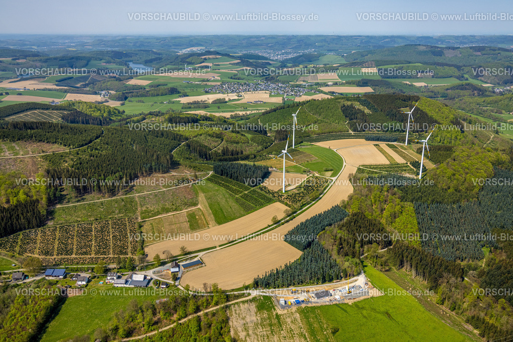 Meschede240505775 | Luftbild, vier Windräder Anordnung im Waldgebiet Astenberg, Hügellandschaft mit Blick auf Remblinghausen, Drasenbeck, Meschede, Sauerland, Nordrhein-Westfalen, Deutschland
