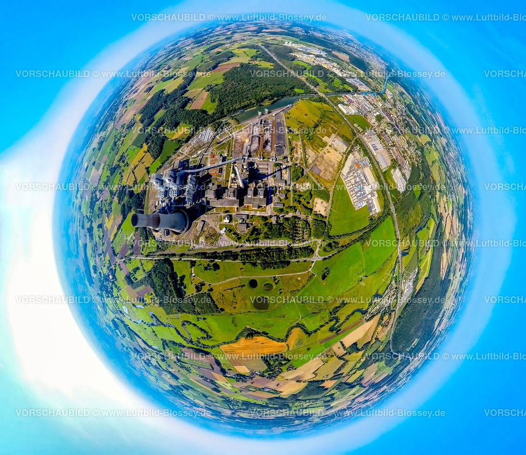Hamm240890501KraftwerkRWE-Westfalen | Luftbild, RWE Kraftwerk Westfalen, Datteln-Hamm-Kanal, umgeben von Wiesen und Feldern, Erdkugel, Fisheye Aufnahme, Fischaugen Aufnahme, 360 Grad Aufnahme, tiny world, little planet, fisheye Bild, Uentrop, Hamm, Ruhrgebiet, Nordrhein-Westfalen, Deutschland