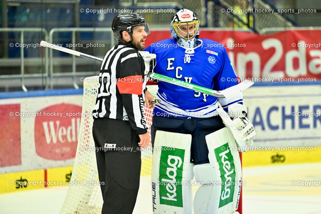 EC IDM Wärmepumpen VSV vs. HDD Jesenice | Widmann Florian Referee,#1 LAMOUREUX Philippe EC VSV, EC IDM Wärmepumpen VSV vs. HDD Jesenice, EC IDM Wärmepumpen VSV vs. HDD Jesenice am 08.09.2024 in Villach (Stadthalle Villach), Austria, (Photo by Bernd Stefan)
