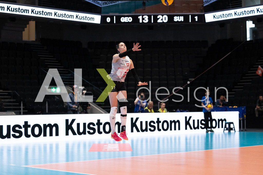 Georgia v Switzerland - CEV European League Women | KRIENS, SWITZERLAND - JUNE 12: JULIE LENGWEILER of Switzerland serve during the CEV European League match between Georgia and Switzerland at Pilatus Arena on June 12, 2026 in Kriens, Switzerland. - Realisiert mit Pictrs.com