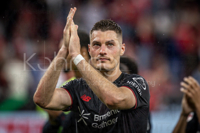 German Bundesliga, Bayer 04 Leverkusen vs. RB Leipzig, 02.05.2026 | LEVERKUSEN, GERMANY - MAY 2, 2026 :  Patrik Schick (Bayer 04 Leverkusen, 14) celebrating his 3 goals after the German Bundesliga match on gameday 32 between Bayer 04 Leverkusen vs. RB Leipzig at BayArena on May 2, 2026 in Leverkusen, Germany. DFL REGULATIONS PROHIBIT ANY USE OF PHOTOGRAPHS AS IMAGE SEQUENCES AND/OR QUASI-VIDEO.