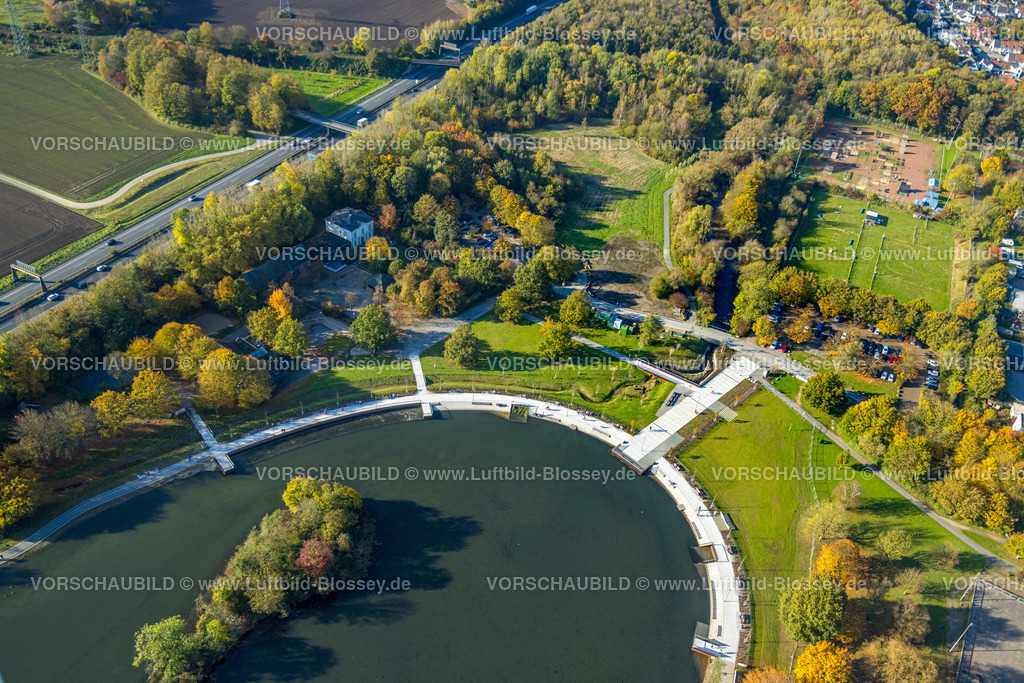 Bochum241017272 | Luftbild, Ümminger See mit neuer Uferpromenade, Vogelinsel, herbstliche Bäume, Langendreer-Alter Bahnhof, Bochum, Ruhrgebiet, Nordrhein-Westfalen, Deutschland