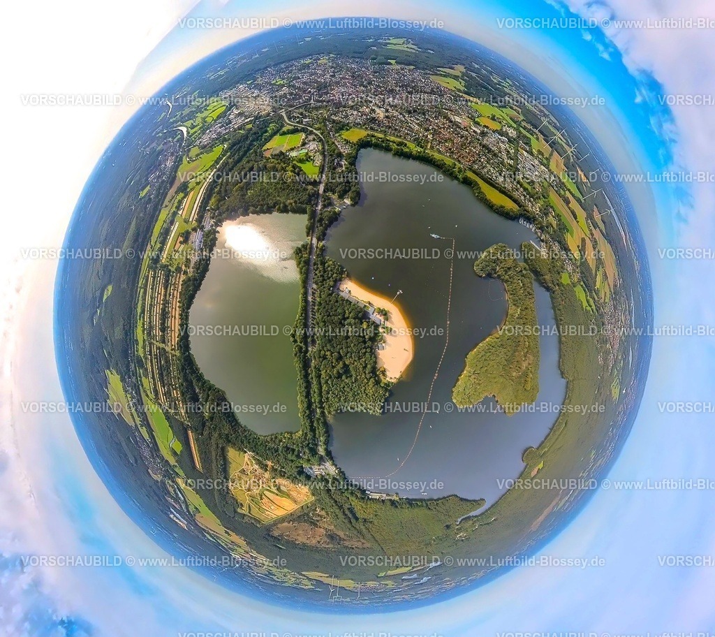 Haltern230990253HalternerStausee | Luftbild, Halterner Stausee mit Seebad, Insel Overrath im See, Südbecken, Erdkugel, Fisheye Aufnahme, Fischaugen Aufnahme, 360 Grad Aufnahme, tiny world, Haltern-Stadt, Haltern am See, Ruhrgebiet, Münsterland, Nordrhein-Westfalen, Deutschland