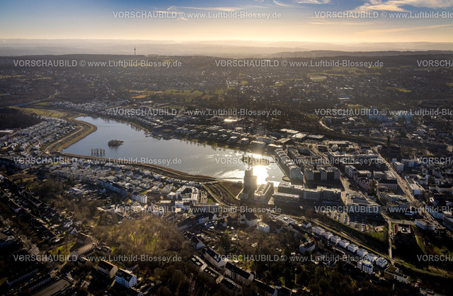 Dortmund240100956 | Luftbild, Phoenix See und Einfamilienhäuser im Gegenlicht, Hörde, Dortmund, Ruhrgebiet, Nordrhein-Westfalen, Deutschland