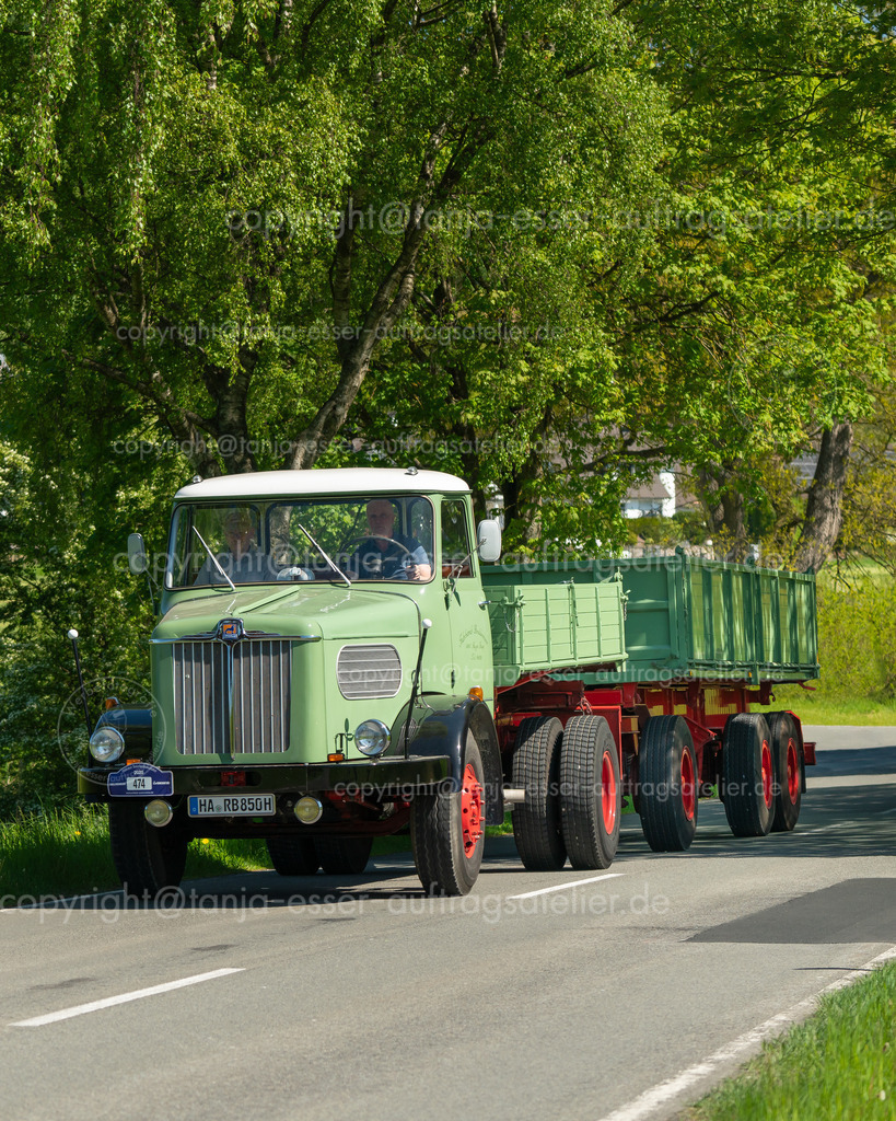 474 LKW Büssing Commodore SK - 055 hoch während der Oldtimer Sauerlandrundfahrt 2025 | Brilon, Deutschland - 10. Mai 2025: Firma Witteler veranstaltet die Oldtimer Sauerlandrundfahrt (OSR). In Gevelinghausen wurde auf der Landstraße ein hell grüner Büssing Commodore SK aus dem Jahr 1965 fotografiert.