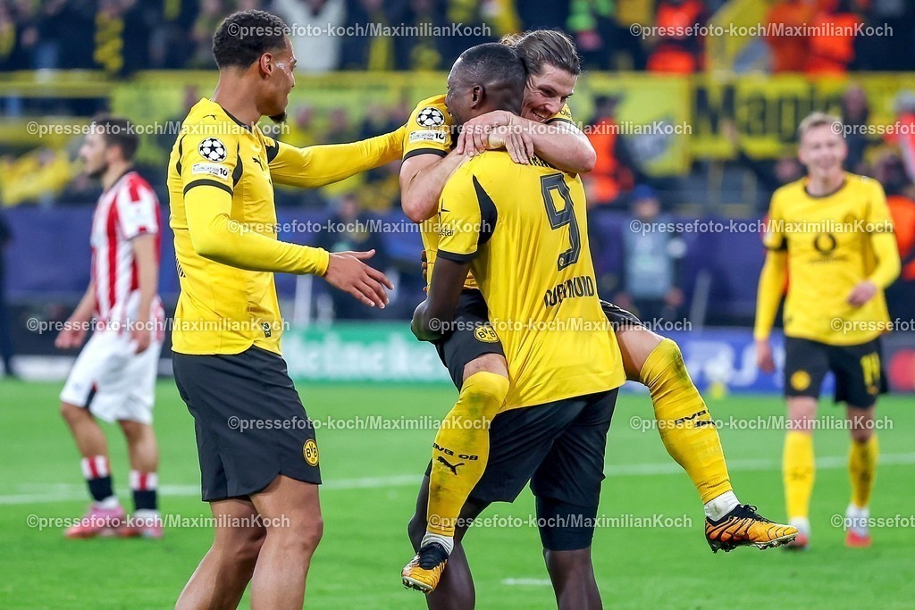 UCL01102501120 | 01.10.2025, Fußball, UEFA Champions League, Borussia Dortmund - Athletic Club Bilbao, BVB Stadion, 2. Spieltag, Saison 2025 2026: Torjubel nach dem Tor zum 3:1 durch Torschütze Marcel Sabitzer (BVB #20)  zusammen mit   Serhou Guirassy (BVB #09) Regulations prohibit any use of photographs as image sequences and or quasi-video.