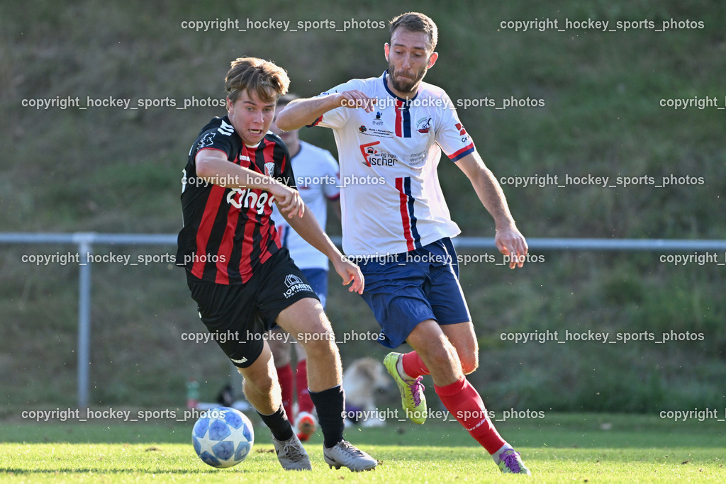 ESV Admira vs. SC Arriach | #16 Christoph Wolfgang Tischner ESV Admira, #8 Marko Sarkovic SC Arriach, ESV Admira vs. SC Arriach, ESV Admira vs. SC Arriach am 24.08.2024 in Villach (Sportzentrum Admira), Austria, (Photo by Bernd Stefan)