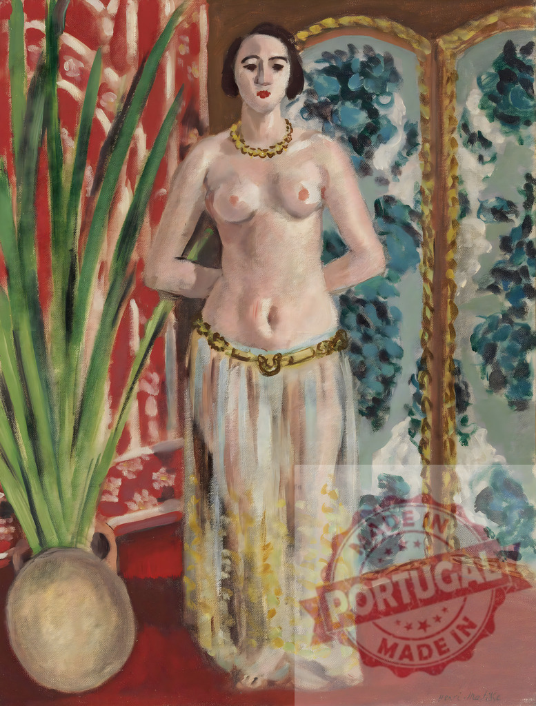 Sensual standing odalisque in vibrant exotic interior painting. Henri Matisse | Fauvist oil painting of a nude woman posing elegantly amid colorful décor - Realisiert mit Pictrs.com