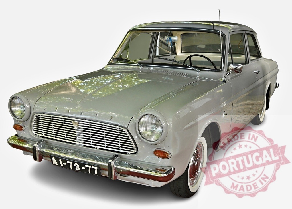 Classic Ford Taunus P2 Barock Showing its Elegant Design | Grey Ford Taunus P2 Barock parked, reflecting surrounding trees on its polished hood - Realisiert mit Pictrs.com