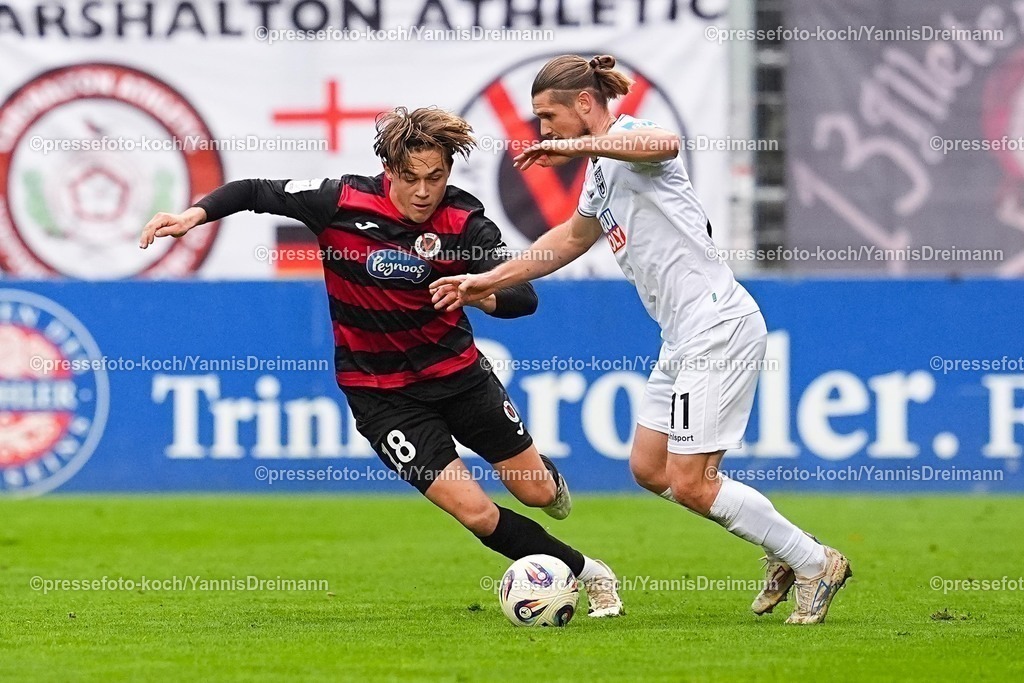 xYDRx06122501026 | 06.12.2025, xydrx, Fußball, 3.Liga, FC Viktoria Köln - SSV Ulm 1846, Saison 2025 2026, Sportpark Höhenberg: Tim Kloss (FC Viktoria Köln #18) im Zweikampf gegen Dennis Chessa (SSV Ulm 1846 #11)       DFB regulations prohibit any use of photographs as image sequences and or quasi-video.Photo: xYannisxDreimannxPressefotoKochx