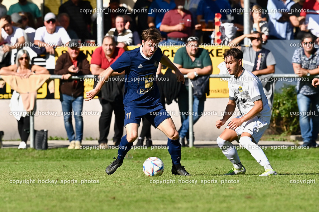 ATUS Velden vs. ASKÖ Köttmannsdorf 7.10.2023 | #11 Marco Raunegger ATUS Velden, #9 Adrian Stroj Köttmannsdorf, ATUS Velden vs. ASKÖ Köttmannsdorf 7.10.2023, ATUS Velden vs. ASKÖ Köttmannsdorf am 07.10.2023 in Velden (Wald Arena Velden), Austria, (Photo by Bernd Stefan)