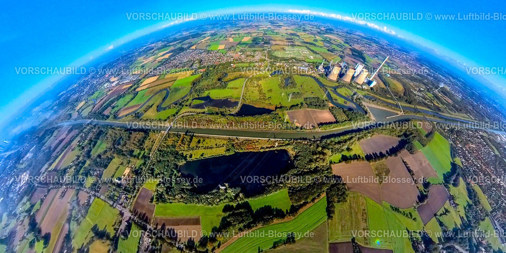 Hamm241090002TiebaumLippe | Luftbild, NSG Naturschutzgebiet Tibaum, Fluss Lippe Mäander, Datteln-Hamm-Kanal und RWE Generation SE Kraftwerk Gersteinwerk, unten das NSG Naturschutzgebiet Brauck, hinten das Wohngebiet Ortstel Stockum, Erdkugel, Fisheye Aufnahme, Fischaugen Aufnahme, 360 Grad Aufnahme, tiny world, little planet, fisheye Bild, Stadtbezirk Herringen, Hamm, Ruhrgebiet, Nordrhein-Westfalen, Deutschland