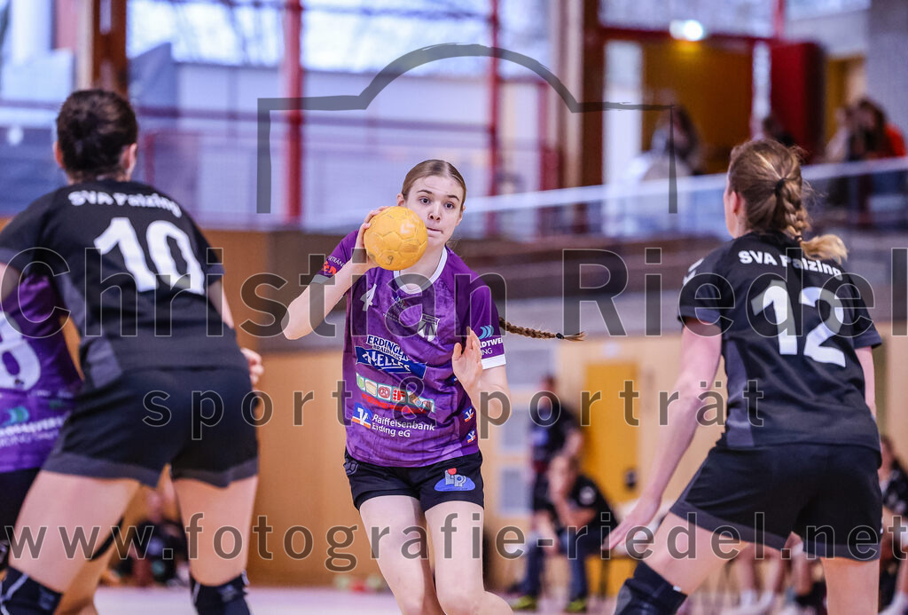 2024-12-14_057_SpVgg_Altenerding_gegen_SVA_Palzing | Erding, Deutschland, 14.12.2024:Handball, Bezirksoberliga Frauen Altbayern 2024 / 2024, 9. Spieltag, SpVgg Altenerding gegen SVA Palzing, Endergebnis: 20:30Veronika Wöhrl (SVA Palzing, #10), Greta Felbinger (SpVgg Altenerding, #4), Sandra Redl (SVA Palzing, #12)Foto: Christian Riedel / fotografie-riedel.net