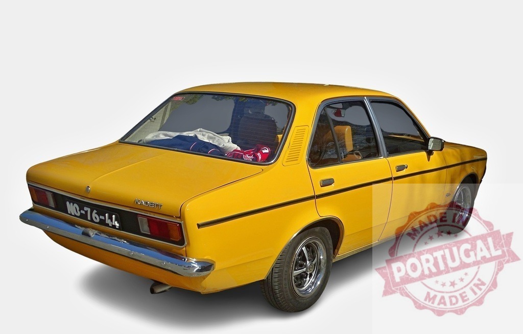 Yellow Opel Kadett parked showing its rear, a classic car from the 70s | Classic yellow Opel Kadett car parked, showing rear, isolated on white background - Realized with Pictrs.com