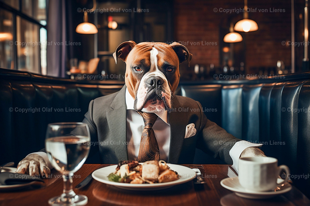 Boxer am Tisch im Restaurant | Hund mit Abendgarderobe im Restaurant