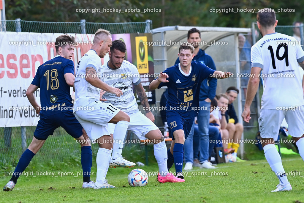 ATUS Velden vs. ASKÖ Köttmannsdorf 7.10.2023 | #18 Nicolas Manuel Modritz ATUS Velden, #11 Aner Mandzic Köttmannsdorf, #10 Adis Ajkic Köttmannsdorf, #20 Perdacher Lukas Valentin ATUS Velden, ATUS Velden vs. ASKÖ Köttmannsdorf 7.10.2023, ATUS Velden vs. ASKÖ Köttmannsdorf am 07.10.2023 in Velden (Wald Arena Velden), Austria, (Photo by Bernd Stefan)