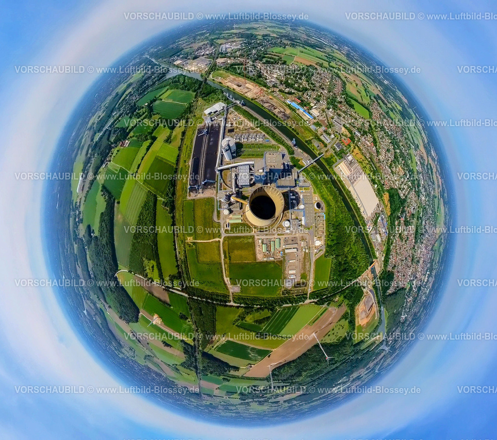Datteln240590408EON-Kohlekraftwerk | Luftbild, Kraftwerk Datteln 4 am Dortmund-Ems-Kanal, Aldi Zentrallager, Erdkugel, Fisheye Aufnahme, Fischaugen Aufnahme, 360 Grad Aufnahme, tiny world, little planet, fisheye Bild, Dümmer, Datteln, Ruhrgebiet, Nordrhein-Westfalen, Deutschland