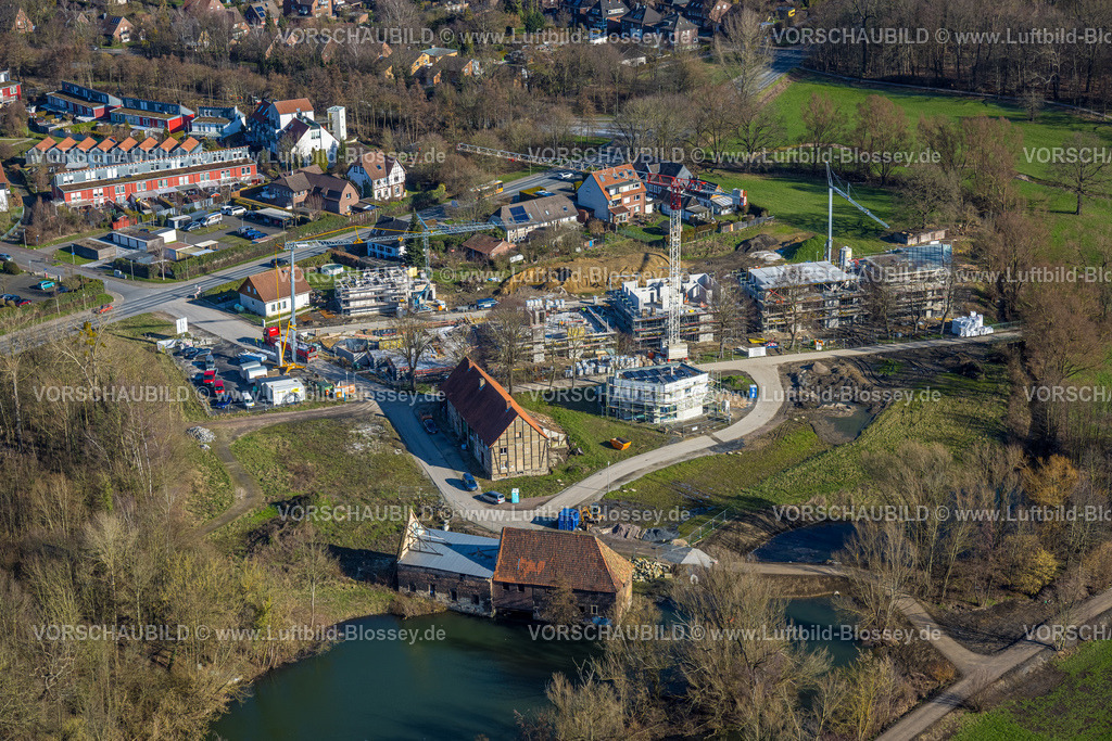 Hamm230213000 | Luftbild, Schlossmühle am Mühlengraben und Mühlenteich mit Baustelle und Neubau, Stadtbezirk Heessen, Hamm, Ruhrgebiet, Nordrhein-Westfalen, Deutschland