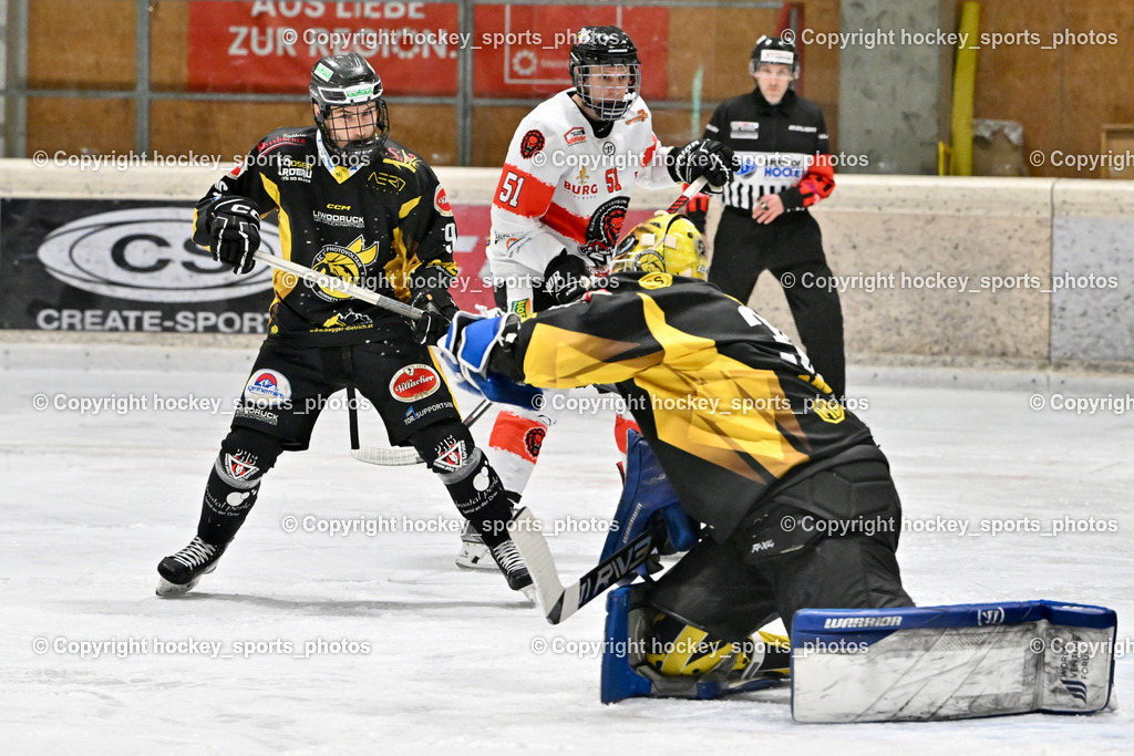 EC MET PHOTOVOLTAIK HORNETS SPITTAL vs. EV ZELTWEG MURTAL LIONS | #35 Egger Luca EC Hornets Spittal, #96 Peharz Joshua EC Hornets Spittal, #51 Dudas Michal EV ZELTWEG MURTAL LIONS, EC MET PHOTOVOLTAIK HORNETS SPITTAL vs. EV ZELTWEG MURTAL LIONS, EC MET PHOTOVOLTAIK HORNETS SPITTAL vs. EV ZELTWEG MURTAL LIONS am 08.02.2026 in Spittal an der Drau (Eissportzentrum Spittal), Austria, (Photo by Bernd Stefan)