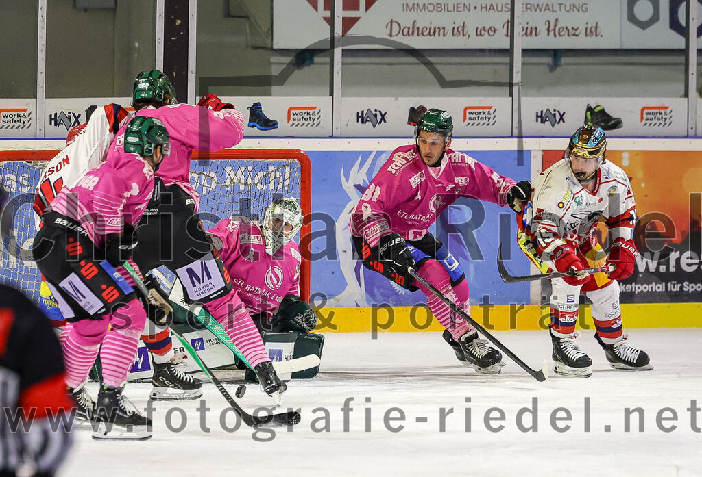 2025-10-24_126_TSV_Erding_gegen_Deggendorfer_SC | Erding, Deutschland, 24.10.2025:Eishockey, Oberliga Süd 2025 / 2026, 11. Spieltag, TSV Erding gegen Deggendorfer SC, Endergebnis: 2:4Torwart Leon Meder (Erding Gladiators, #39), Maximilian Forster (Erding Gladiators, #81), Dylan Jackson (Deggendorfer SC, #15)Foto: Christian Riedel / fotografie-riedel.net