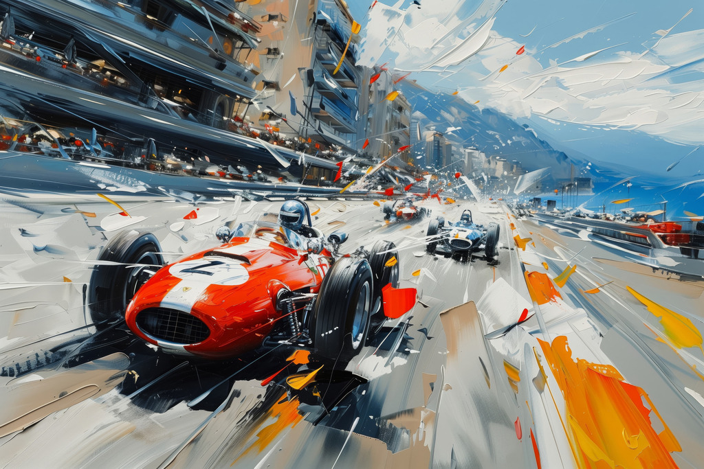 10260807 - Autorennen in Monaco | Autorennen mit Oldtimer Rennwagen im Stil eines modernen dynamischen Gemäldes. Erhältlich als hochwertiges Wandbild auf Leinwand, Acrylglas, Alu-Dibond oder als Poster, einfach über "Bestellen" konfigurieren.