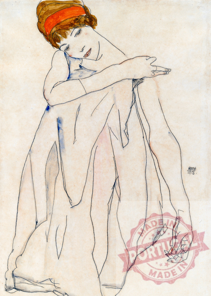 Seated woman wearing orange headband is resting her head on her arm | Egon Schiele's colorful drawing of a seated woman resting her head on her arm - Realized with Pictrs.com