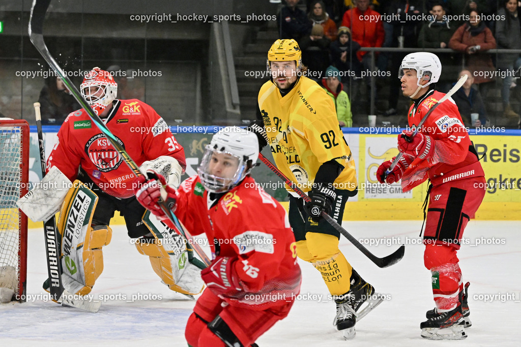 KSV KÄNGURUS vs. EHC Lustenau | #35 Nußbacher Felix KSV, #92 Haberl Dominic EHC Lustenau, #65 Malle Michael KSV, KSV KÄNGURUS vs. EHC Lustenau, KSV KÄNGURUS vs. EHC Lustenau am 14.03.2026 in Kapfenberg (Sportzentrum Kapfenberg), Austria, (Photo by Bernd Stefan)