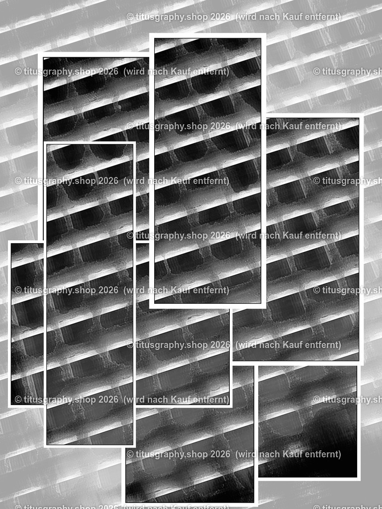 Gitterstruktur-sw-5 | Bei genauer Betrachtung zeigt sich, dass trotz der großen Ähnlichkeit kein Quadrat dem anderen gleicht. Der Schnee passt sich der menschengeschaffenen Gitterstruktur an und nutzt sie zugleich, dennoch zwingt er jedem Quadrat seine Individualität auf. - Realisiert mit Pictrs.com