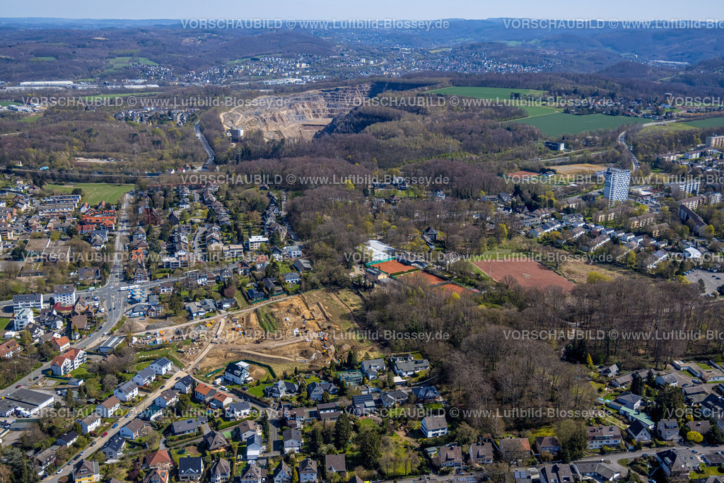 Hagen220401937 | Luftbild, Baustelle und Neubau der Wohnsiedlung Auf der Gehre zwischen Krähenweg und Gehrstraße, Steinbruch Donnerkuhle, Emst, Hagen, Ruhrgebiet, Nordrhein-Westfalen, Deutschland