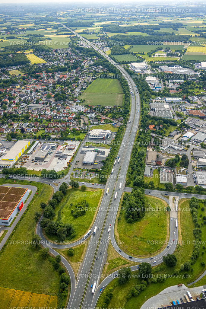 Hamm220602314 | Luftbild, Gewerbegebiet Oberster Kamp, Autobahn A2 Anschlussstelle Hamm, Rhynern, Hamm, Ruhrgebiet, Nordrhein-Westfalen, Deutschland
