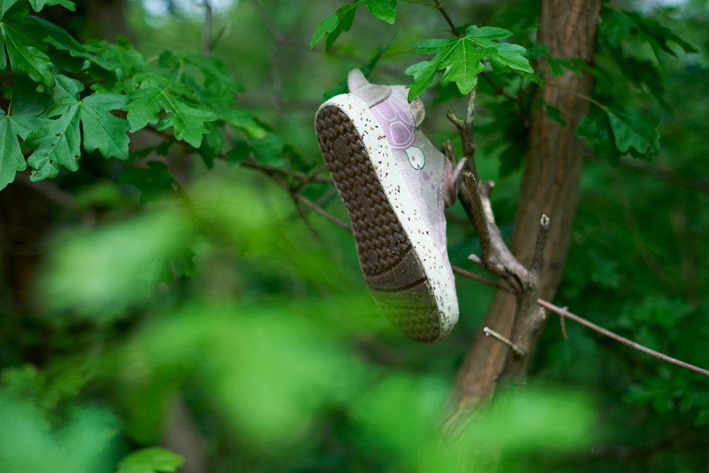 ein Kinderschuh hängt in den Zweigen | Wien, Austria - April 23, 2023: ein Kinderschuh hängt in den Zweigen. - Realisiert mit Pictrs.com