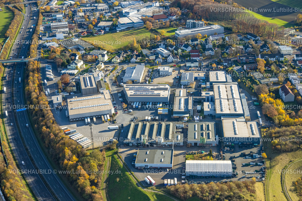 Wetter251103801 | Luftbild, Gewerbegebiet An der Knorr-Bremse, Autobahn A1, herbstliche Bäume, Schmandbruch, Wetter, Ruhrgebiet, Nordrhein-Westfalen, Deutschland