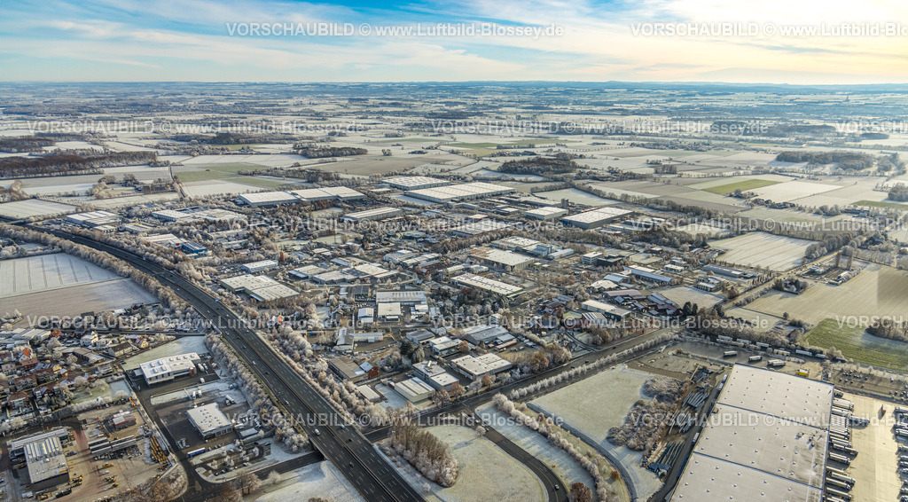Hamm221203249 | Luftbild, Winterliches Gewerbegebiet Oberster Kamp an der Autobahn A2, Rhynern, Hamm, Ruhrgebiet, Nordrhein-Westfalen, Deutschland