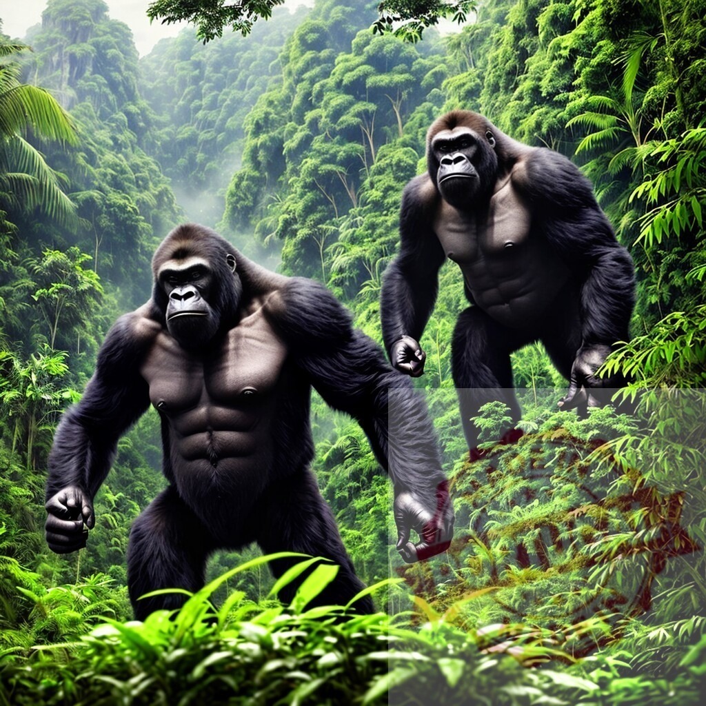 Gorillas standing strong in lush green jungle. AI Experiments | Two powerful gorillas standing guard among dense tropical foliage in a rainforest habitat - Realized with Pictrs.com