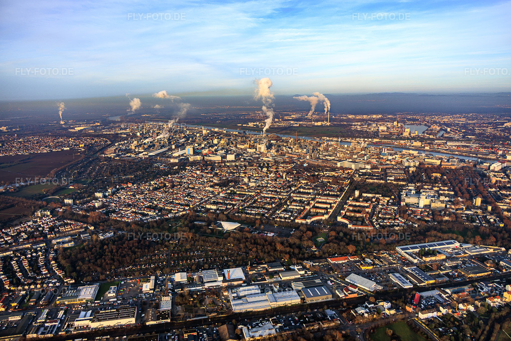 Luftbild: Stadtteilansicht zwischen Ebertpark und BASF im Ortsteil Friesenheim in Ludwigshafen im Bundesland Rheinland-Pfalz in Deutschland. Foto: IMG_152000.jpg vom 12.12.2025 durch Werner Riehm/FLY-FOTO.de