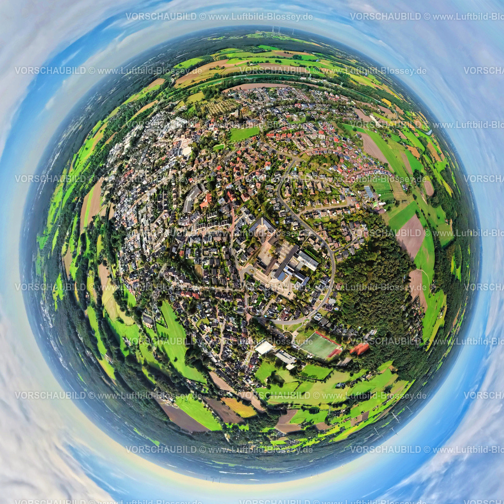 Huenxe250904502 | Luftbild, City Innenstadtansicht mit Gesamtschule Hünxe, Erdkugel, Fisheye Aufnahme, Fischaugen Aufnahme, 360 Grad Aufnahme, tiny world, little planet, fisheye Bild, , Hünxe, Ruhrgebiet, Nordrhein-Westfalen, Deutschland