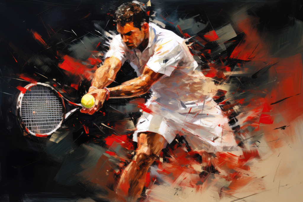2307121 - Tennnisspieler | Bestellen Sie dieses dynamische Motiv eines Tennisspielers als Kunstdruck auf Leinwand, Acrylglas, Alu-Dibond, Akustikbild oder als Poster. Unsere digitalen Gemälde wirken mit täuschend echten Pinselstrichen wie von Hand gemalt.