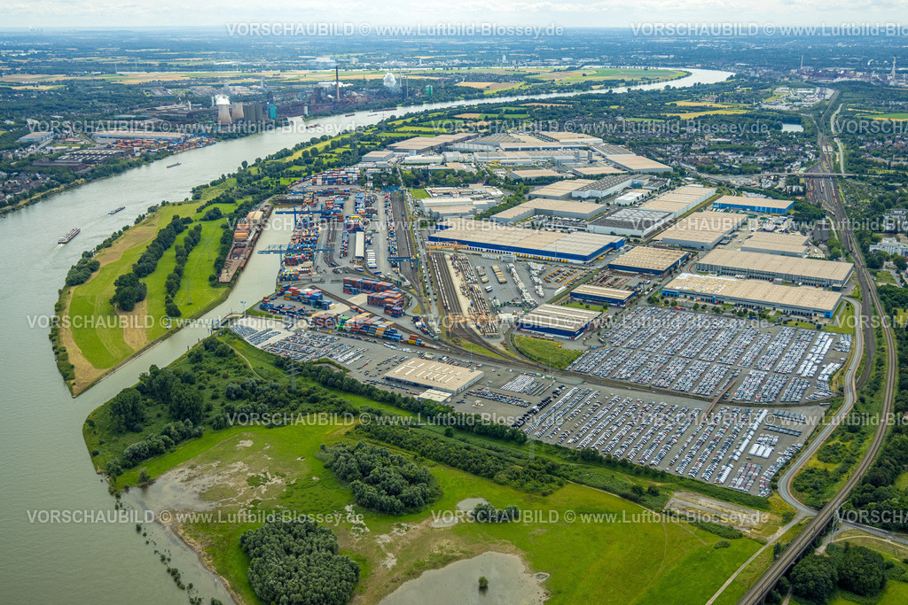 Duisburg240704037-West | Luftbild, Duisburg-West, logport I (Eins) Rheinhausen, duisport mit Automobil-Logistik am Fluss Rhein, Friemersheim, Duisburg, Ruhrgebiet, Nordrhein-Westfalen, Deutschland