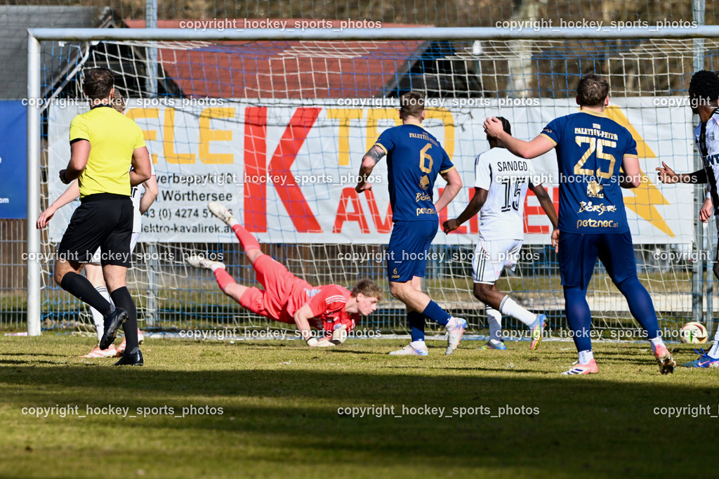 ATUS Velden vs. SPG LASK Amateure OÖ | #12 Fabian Schillinger LASK Amateure, #6 Florian Schaller ATUS Velden, #25 Lukas Lorinson ATUS Velden, #15 Mohamed Sanogo LASK Amateure, Tor ATUS Velden, ATUS Velden vs. SPG LASK Amateure OÖ, ATUS Velden vs. SPG LASK Amateure OÖ am 07.03.2026 in Velden (Wald Arena Velden), Austria, (Photo by Bernd Stefan)