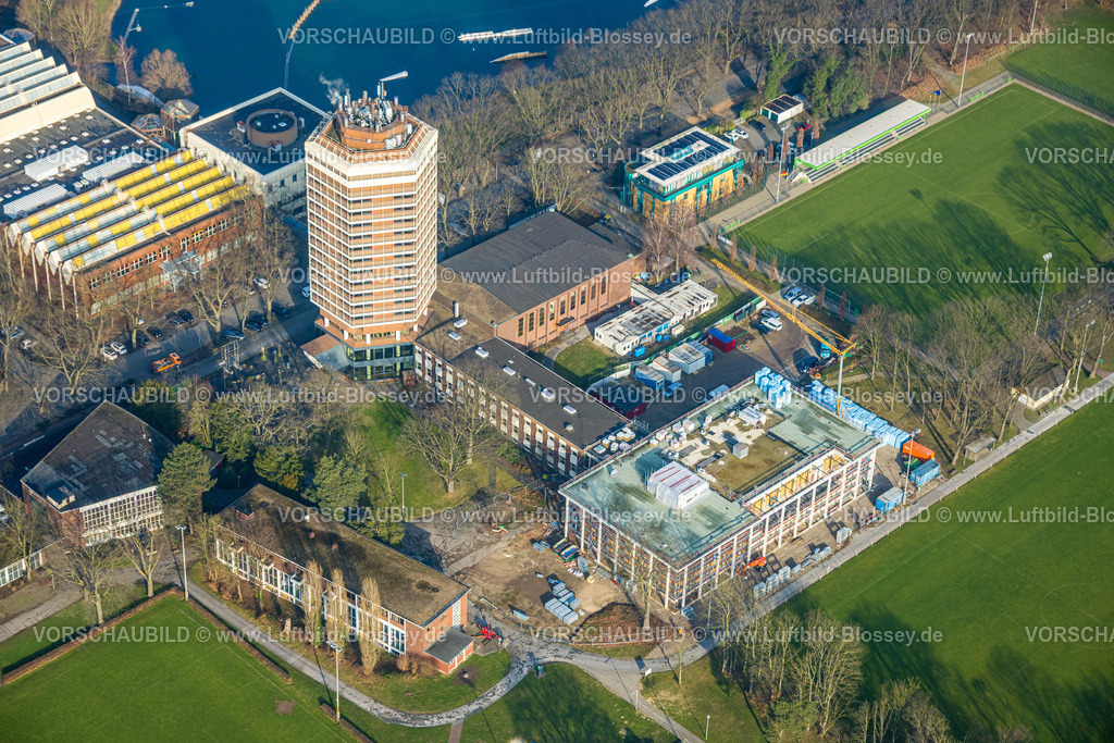 Duisburg260100617 | Luftbild, Sportschule Wedau Hochhaus, Baustelle Ersatzneubau Tagungszentrum mit barrierefreien Schulungsräumen, Wanheimerort, Duisburg, Ruhrgebiet, Nordrhein-Westfalen, Deutschland
