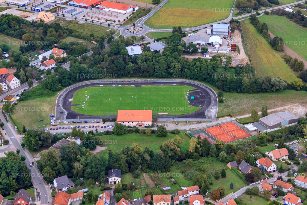 Aerial view: AS Rugby football pitch in the district Neulauterburg in Lauterbourg in the state Bas-Rhin, France. – Photo: IMG_53348.jpg taken on 09/23/2012 by Werner Riehm/FLY-FOTO.com – Resolution of the original: 4752 x 3168 px