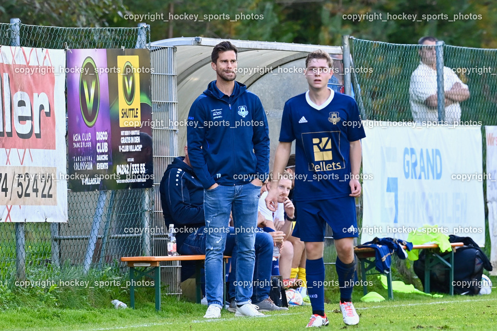 ATUS Velden vs. ASKÖ Köttmannsdorf 7.10.2023 | Headcoach ATUS Velden Marcel Günther Kuster, #20 Perdacher Lukas Valentin ATUS Velden, ATUS Velden vs. ASKÖ Köttmannsdorf 7.10.2023, ATUS Velden vs. ASKÖ Köttmannsdorf am 07.10.2023 in Velden (Wald Arena Velden), Austria, (Photo by Bernd Stefan)