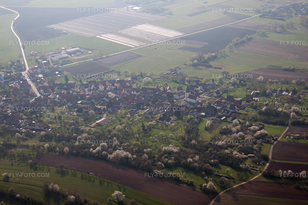 Aerial view: View of the town in Morsbronn-les-Bains in the state Bas-Rhin, France.Photo: IMG_63753.jpg taken on 03/30/2014 by Werner Riehm/FLY-FOTO.comResolution of the original: 4752 x 3168 px