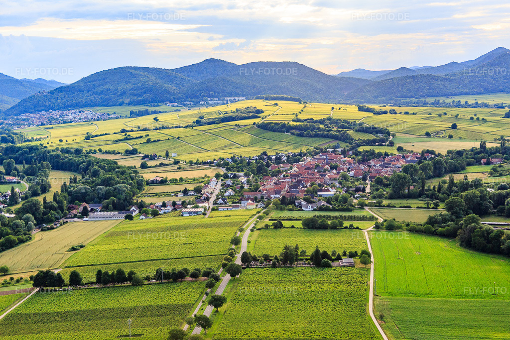 Luftbild: Ortsansicht von Osten im Ortsteil Heuchelheim in Heuchelheim-Klingen im Bundesland Rheinland-Pfalz in Deutschland. Foto: IMG_090202.jpg vom 26.06.2016 durch Werner Riehm/FLY-FOTO.de