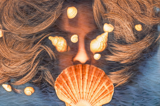 Shells (I Am Nature Series) | In the I Am Nature series, a woman exists in a state of assimilation with the environment. Her eyes and mouth are obscured by natural elements, depriving her of the ability to speak or see. This visual metaphor addresses the high expectations imposed on a woman’s appearance and the pain of being reduced to a passive decoration, stripped of individuality and intellect. Profound isolation behind the surface aesthetic is often the price of beauty. This is a preview image. The original has a resolution of 10630 x 7087 px. - Realisiert mit Pictrs.com