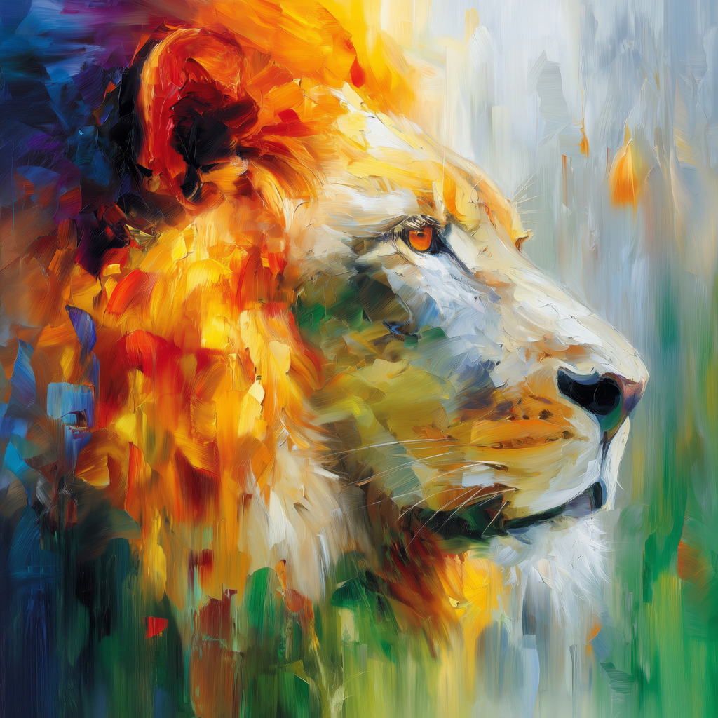 2605014 - Atmosphärischer Löwe | Das Bild zeigt das majestätische Profil eines Löwen, dessen Mähne in einem impressionistischem Spektrum aus feurigem Orange, sattem Gelb und Grüntönen.