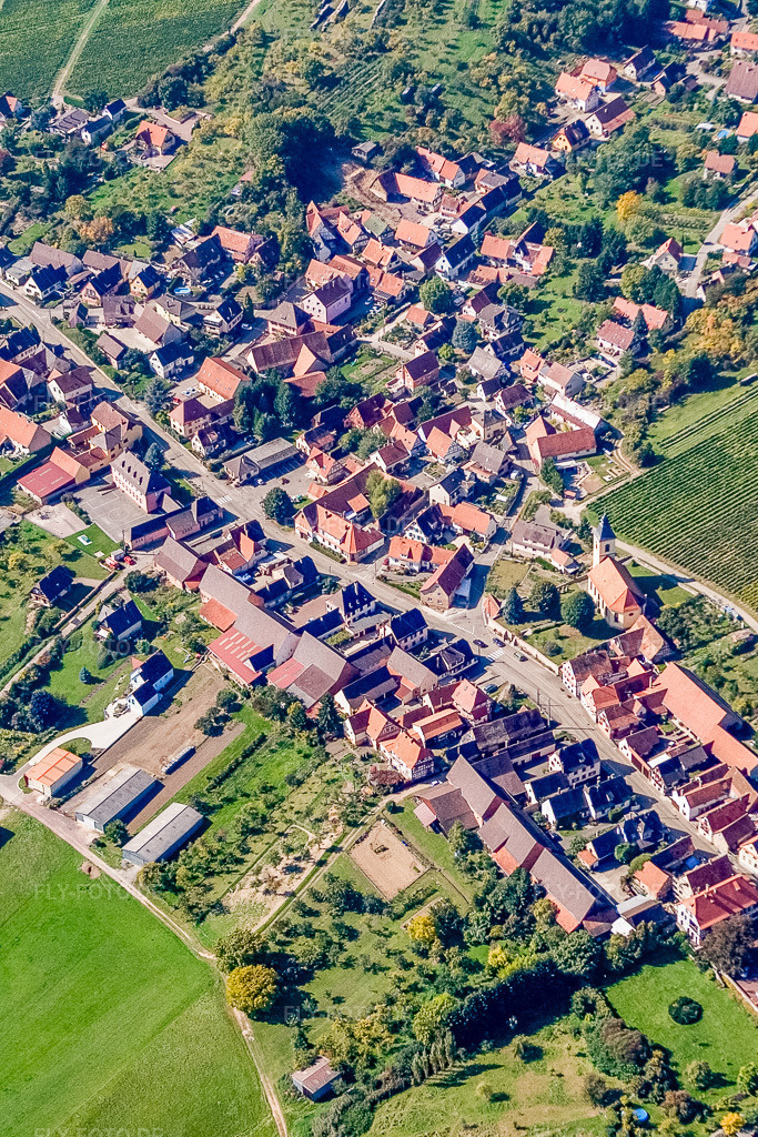 Luftbild: Dorfmitte mit Kirche aus Osten in Rott im Bundesland Bas-Rhin in Frankreich. – Foto: IMG_13617.jpg vom 28.09.2008 durch Werner Riehm/FLY-FOTO.de – Auflösung des Originals: 1670 x 2504 px